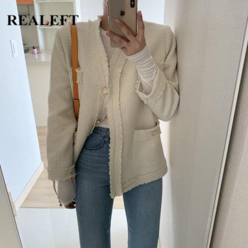 REALEFT 2021 Vintage Womens Jacket Coat Korean Style Single Breasted Solid Color Long Sleeve Autumn Outwear Blazers Female