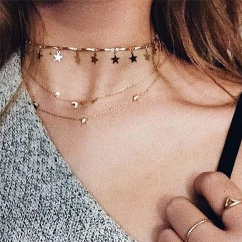 BK Women Double Layer Necklace Simple Clavicular Gold Color Star Sweater Chain Vintage Choker Necklace Jewelry Gifts