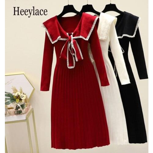 Autumn Winter New Warm Knitted Pullover Long Dresses Women Sailor collar Lace Trim Bow Collar Long Sleeve Pleated Sweater Dress