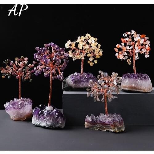 1PC Natural Crystal Amethyst Cluster Base Crystals Money Tree Copper Gravel Stone Crystal Flower Tree Home Decor