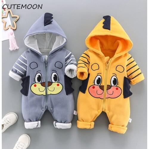 2021 Autumn Winter Overall For Children Infant Down Cotton Thickened Clothes Hooded Cartoon Baby Boys Girls Jumpsuit Baby Romper