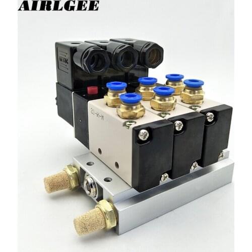 4V210-08 2 Positions 5 Way 1/4"PT Thread ports 3 Sets Pneumatic Solenoid Valve Sets W Base Fitting Mufflers DC12V 24V AC220V
