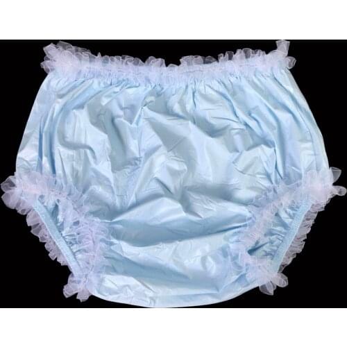 ABDL Adult Incontinence Pull-on Plastic Pants Lace Panties Color Baby Blue With White Lace