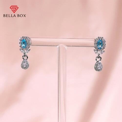 BELLA BOX Simple Sky Blue Topaz Stud Earrings For Women 925 Sterling Silver Luxury Geometry Engagement Anniversary Fine Jewelry