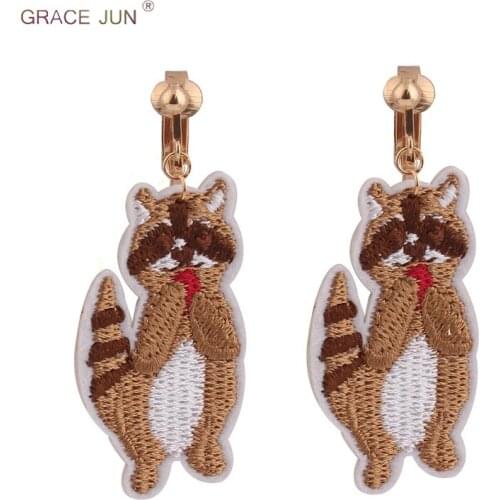 GRACE JUN High-grade Cloth Embroidery Bear Shape Clip on Earrings No Pierced for Women Elegant Ear Cuff Earrings Best Jewelry