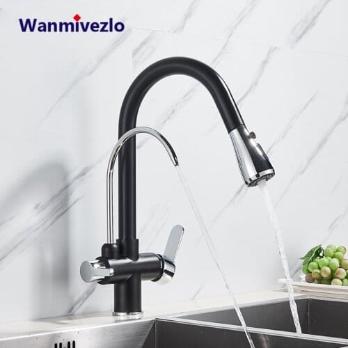 Black Purify Water Kitchen Faucet Deck Mount Dual Handle Faucet Purification Kitchen Sink Faucet 2 Swivel Spout Water Mixer Tap