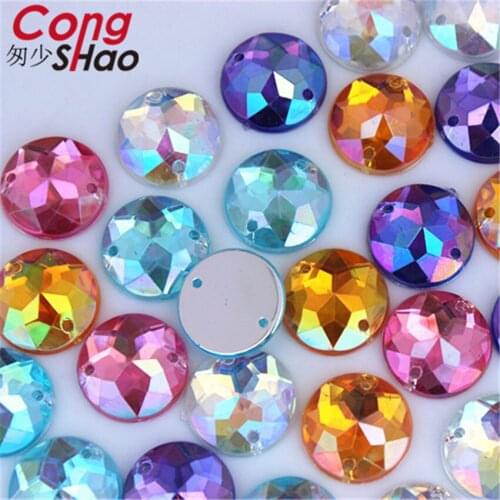Cong Shao 100PCS 15mm AB Colorful Round crystals flatback Acrylic Rhinestone trim sewing 2 Hole costume Button Accessory CS325