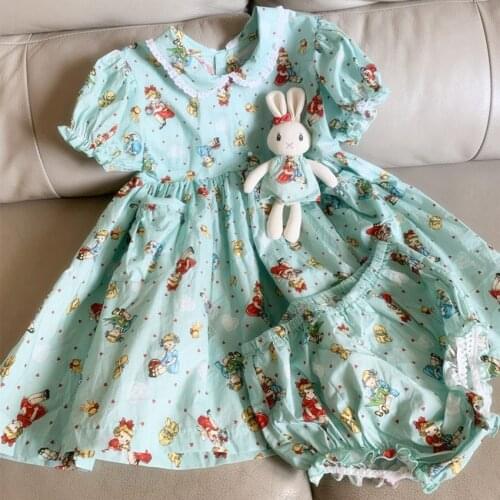 Baby giel summer vintage Spanish carton printed dress kids peter pan collar cute printed puff sleeve princess dress