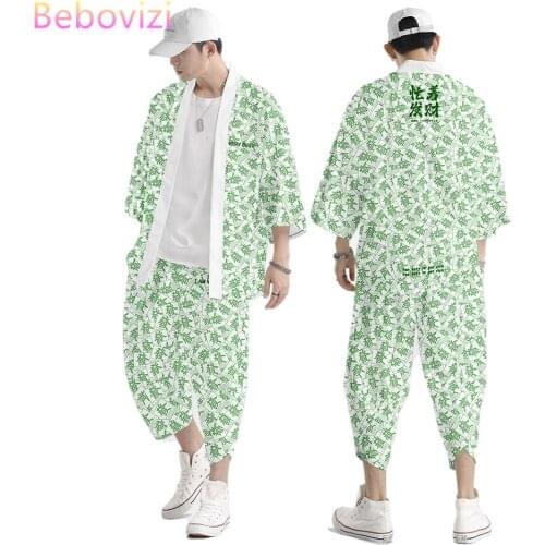 Green Mahjong Print Chinese Style Sets Fashion Japanese Kimono Beach Harajuku Men Women Cardigan Haori Asian Clothes Pant Suit