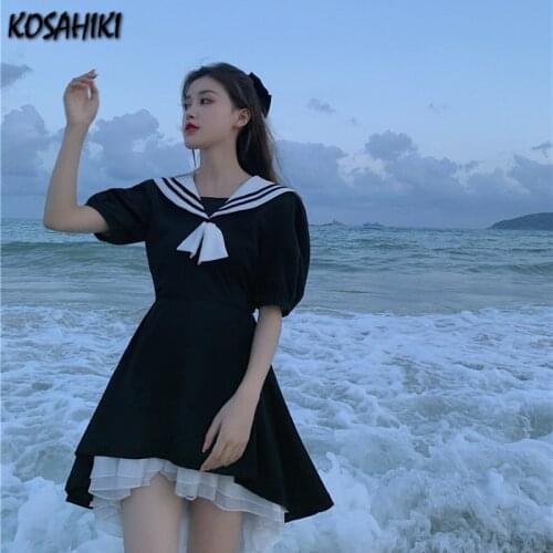 KOSAHIKI High Waist Gothic Dress Puff Sleeve Lace Ruffles Party Dress Japanese Lolita Women Princess Black Mini Dress