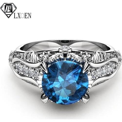 LXOEN Engagement Round Blue Engagement Ring with Silver Color Crystal Rings for Women Party Jewelry Accessories Anillos Mujer
