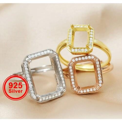 Multiple size rectangle silver gold Gemstone CZ stone prong bezel solid 925 sterling silver adjustable ring settings 1294151