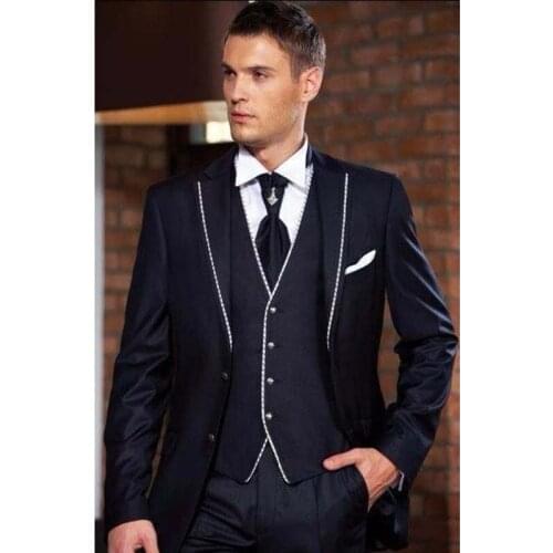 2019 Custom Made navy blue Mens Slim Fits Suits Tuxedos Grooms Suits Wedding Suits Formal Party men suit Blazers+Pants+Vest