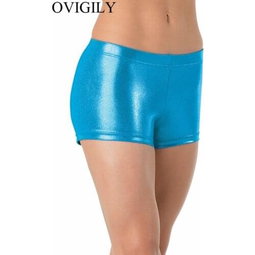 OVIGILY Women Spandex Metallic Dance Shorts Shiny Ballet Underpants Gymnastics Shorts Low Waist Stage Performance Shorts