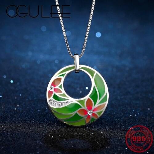 Scorching Sun Red Lotus Pink Spring Flowers Green Leaf Necklace Pendants for Women 925 Sterling Silver Party Jewelry Enamel
