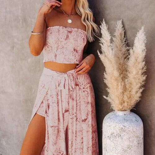 Summer Floral Beachwear Two-piece Sexy Tube Top Straps Strapless Slim-fit Wide-leg Pants Casual Boho Style For Women New Arrive