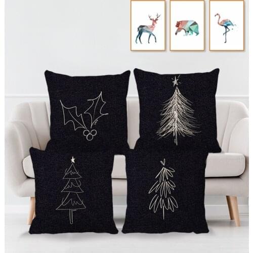 Christmas Series Cushion Cover Black Christmas Tree Linen Pillow Case Pillow Covers Decorative