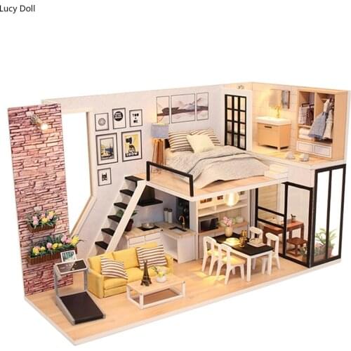 Assemble Doll House Wooden Furniture Diy House Miniature Puzzle Toy 3D Miniaturas Dollhouse Kits Toys For Children Birthday Gift