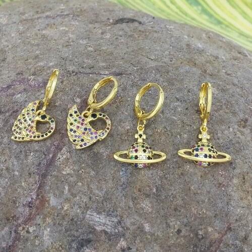 Gold Planet Saturn Eardrop Earrings For Woman Zircon Saturn Orb Earrings Gold Filled Goose Hanging Dangle Earrings Hoops Small