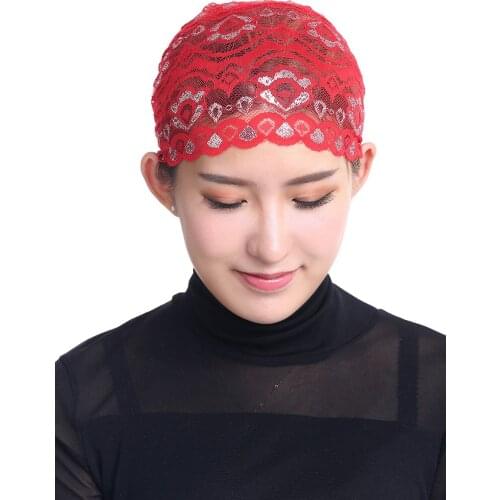 Mini Hijab Women Muslim Shawl Inner Scarf Shiny Lace Flower Lady Dubai Under-Scarf Solid Color Cap
