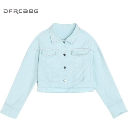Light Green Vintage Women Crop Denim Jeans Jacket With Tassels 2021 Spring Long Sleeve Short Coat Top Streetwear Retro Outwear