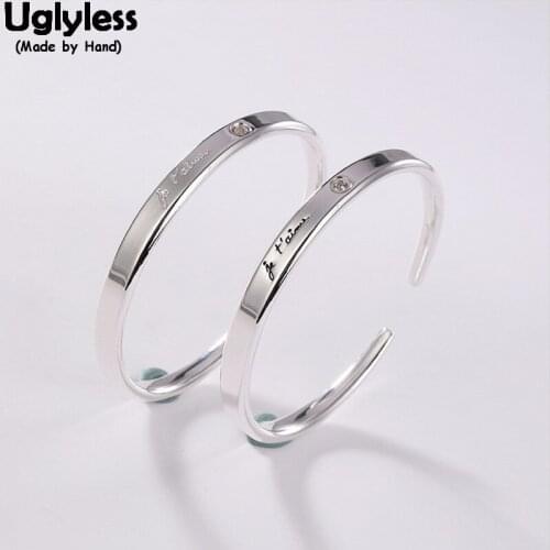 Uglyless 1 Piece French Letters I LOVE U Silver Bangles for Women Solid 99.9% Full Silver Glossy Open Bangle Adjustable Bracelet