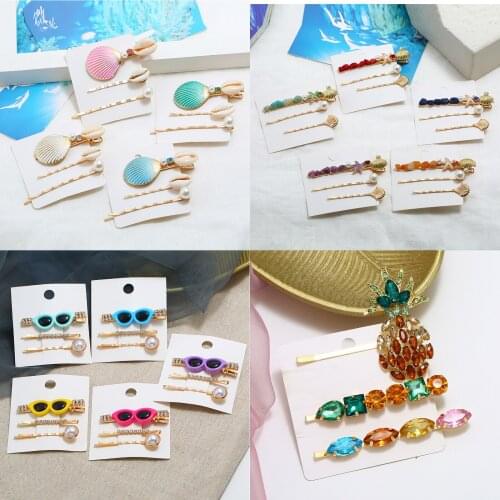 Pack of 3 barrettes hair Pins for women with inlaid shell /faux pearl / rhinestone / resin / stone design female clips headwear