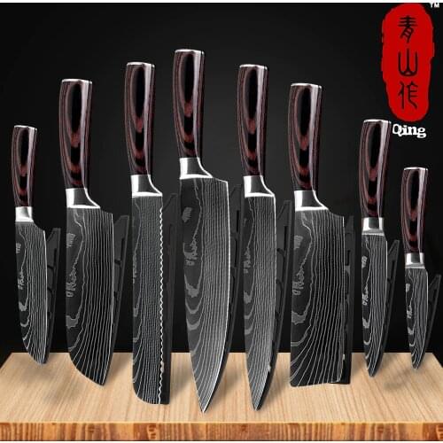 Qing Brand 8" inch Japanese Kitchen Knives Laser Damascus Pattern Chef Knife Sharp Santoku Cleaver Slicing Utility Knives Tool