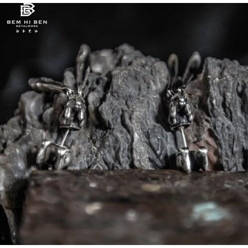 BEM HI BEN Mens Womens Earrings Chinese zodiac Rabbit cutie 925 sterling silver simple Original Hand made darkness customized