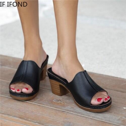 IF IFOND 2021 Fashion Summer Beach Shoes For Women Square High Heel Pu Leather Gladiator Sandals Elegant Ladies Slippers
