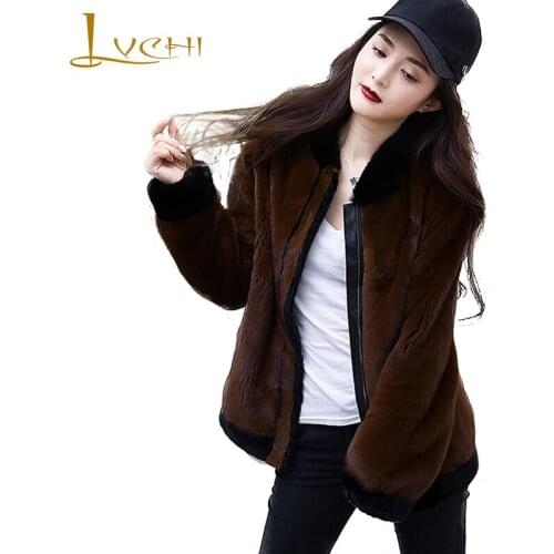 LVCHI Winter 2019 Import Velvet Real Mink Fur Coats Womens Coat Full Pelt O-Neck Causal Print Letter Baseball Mink Fur Coats