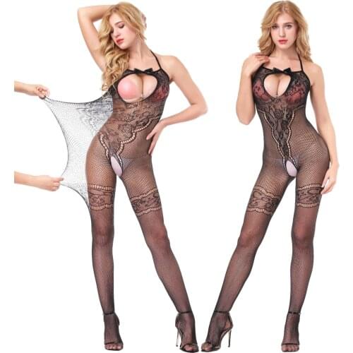 Candiway Women Elastic Sexy Bow Fishnet One Piece Lingerie Floral Lace Teddy Halter Open Crotch Body stocking Free Size