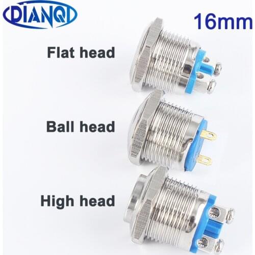 1NO 16mm Flat High Shape round head metal press push button switches reset momentary start waterproof mechanical equipment horn