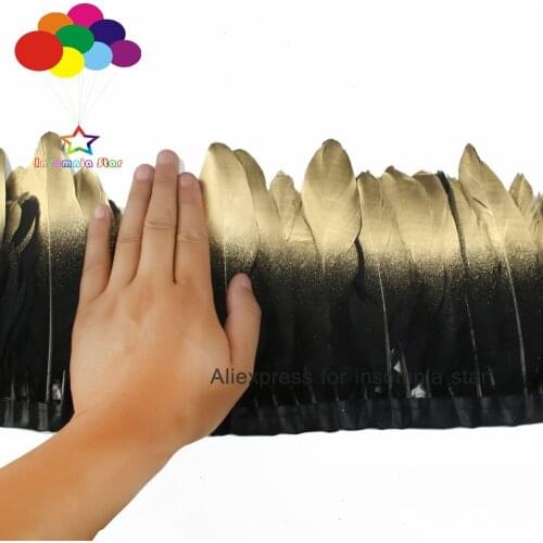2 Meter Dyed black feather dress Dress Goose feather fringe paint gold tips Feathers Trims with Satin Ribbon Tape feather