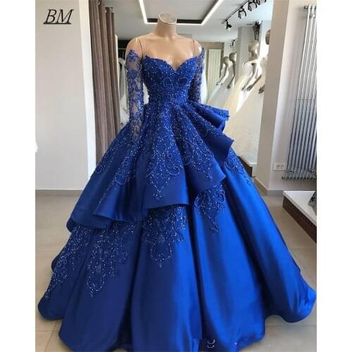 2021 Royal Blue Quinceanera Dresses Vintage Ball Gown Off Shoulder Long Sleeves Bead Sequined Vestidos De 15 Anos BM741