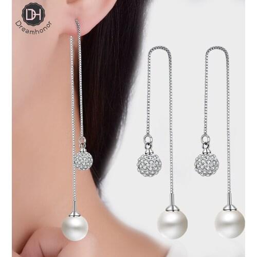 Dreamhonor 2021 New Arrival Trendy Long Tassel Shambhala Ball Earrings For Women Fashion Pearl Drop Earrings Jewelry Gift