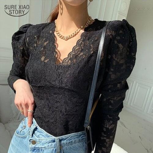 2021 See Through Puff Sleeve Chic Lace Shirt Blusas Mujer Sexy Lace Blouse Vintage Deep V-neck Long Sleeve Women Shirts 13470