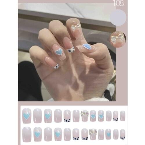 24pcs Fake Nails Blue Leopard Love Pearl Inlay Design Glue Type Removable Long Paragraph Fashion Full Cover Manicure NN