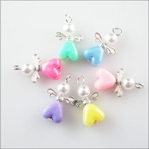 24Pcs Tibetan Silver Tone Wings Angel Mixed Acrylic Heart Charms Pendants 13.5x23mm