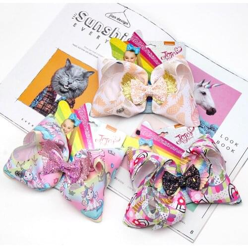 6 Pcs/Lot 8'' Jojo Siwa Hair Bows for Girls Handmade Ribbon Unicorn JOJO BOWS Glitter Knot Hairgrips Kids New Hair Accessories