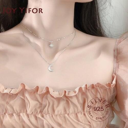 925 sterling silver Double Layer Star Moon Clavicle Chain Necklace For Women Girl Cubic Zircon Necklace Gift
