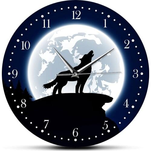 Wolf In the Night Decorative Wall Clock Wolf Animal Moon Light Modern Printed Acrylic Wall Watch Room Decoration