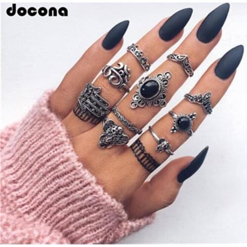 Docona 10pc Vintage Silver Color Elephant Hamsa Crown Hollow Midi Finger Ring Sets for Women Stacking Finger Jewelry 4561