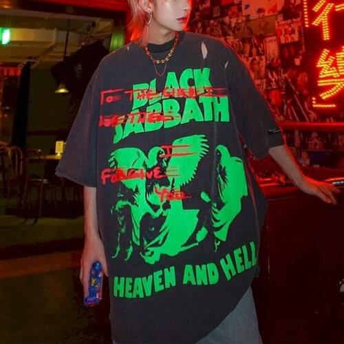 Oversize Short Sleeve Women T-shirt Punk Summer Fashion Dark Street Distressed Hole Print 2021 Trend Hip Hop Streetwear Goth Top