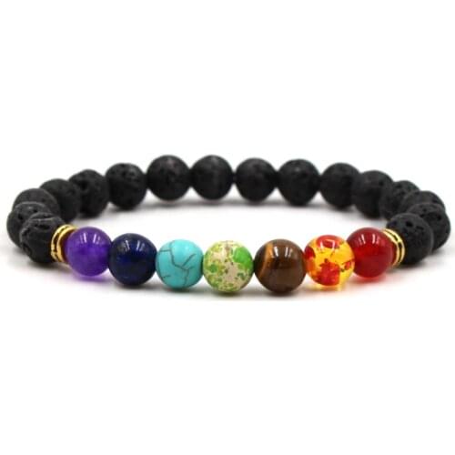 Hot Sale Natural Stone Bracelet Colored Ball Crown Chakra Stones Bracelet For Men Charm Howlite Stone And Volcanic Rock Lava