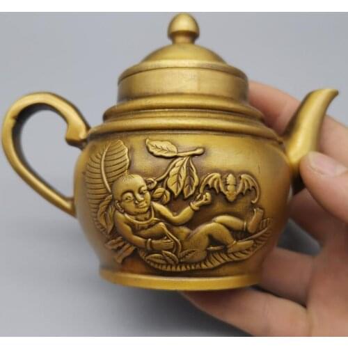 China brass archaize carving child teapot crafts statue