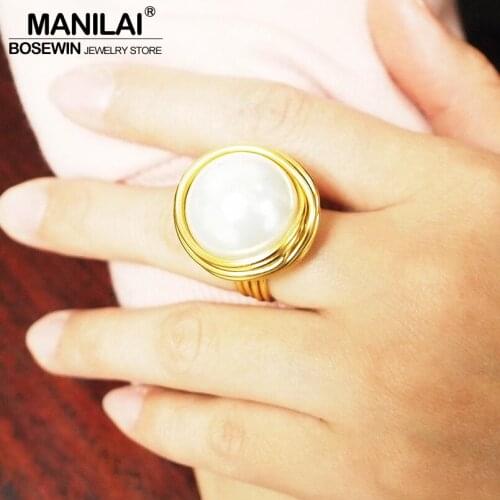 MANILAI Handmade Statement Rings For Women Wire Spiral Round Imitation Pearl Big Rings Finger Rings Fashion Jewelry