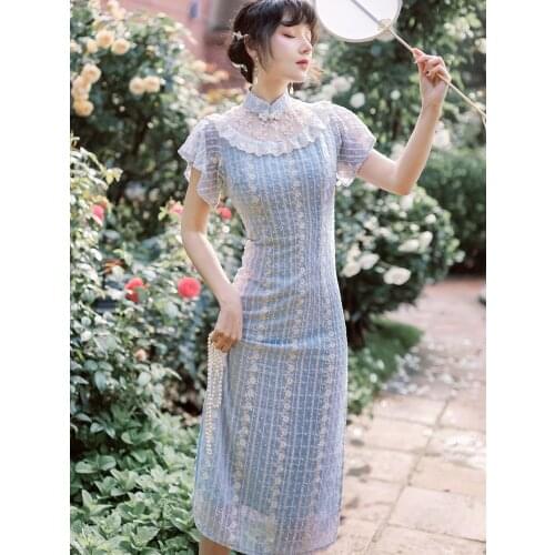 French Sweet Retro Young Style Improved Cheongsam Vestidos Women Summer Temperament Split Elegant Midi Dress