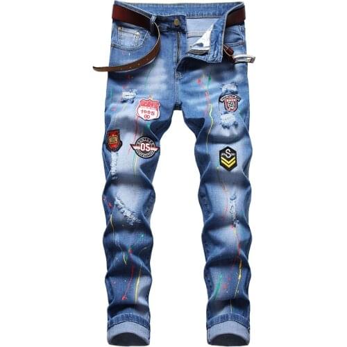 Mens Badge Ripped Denim Jeans Trendy Painted Holes Slim Straight Pants Blue Trousers