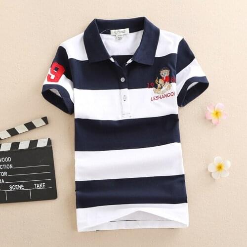 New Women Girl Summer Shirt Tops Tees Turn Down Collar Short Sleeve Cotton Tees Female Tops Mujer embroidery striped shirt Tops